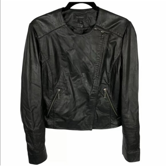 Halogen Black Genuine Leather Asymmetrical Zipper Moto Jacket Women's 1X - Picture 1 of 11